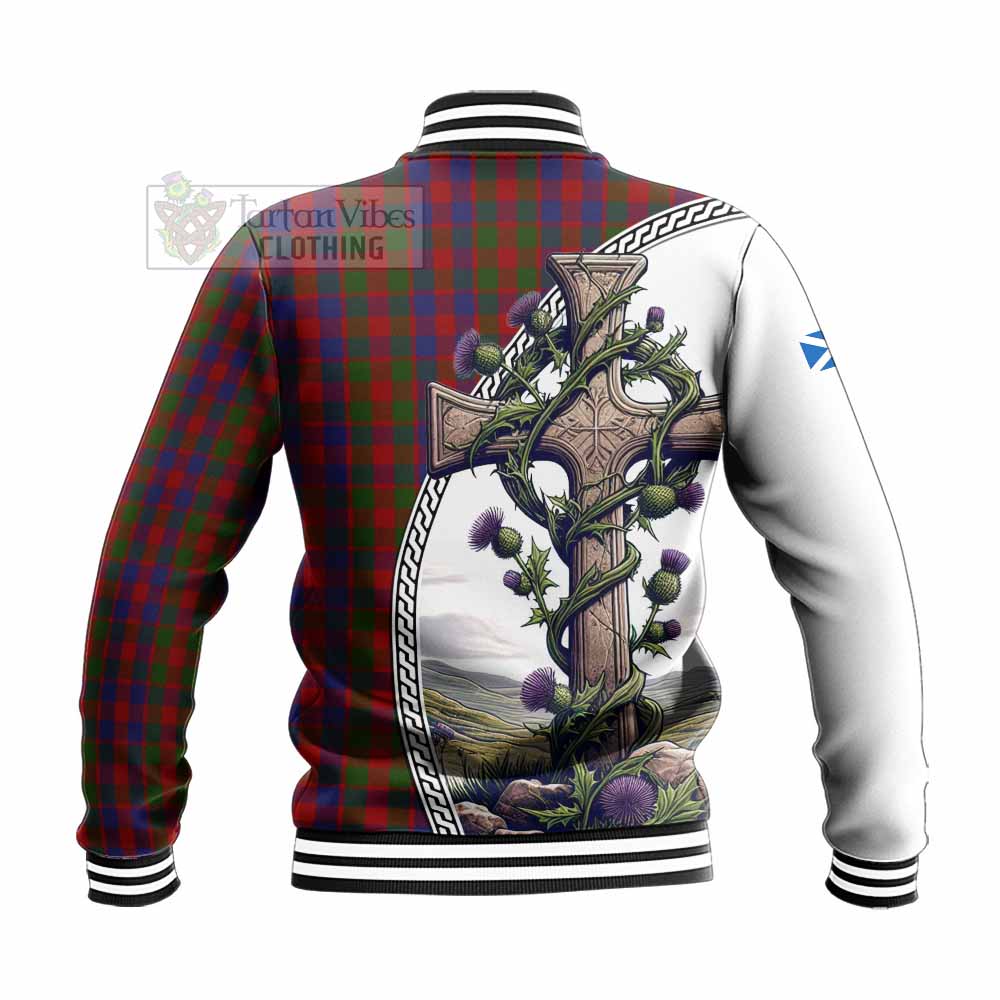 Tartan Vibes Clothing Gow Tartan Baseball Jacket with Family Crest and St. Andrew's Cross Accented by Thistle Vines