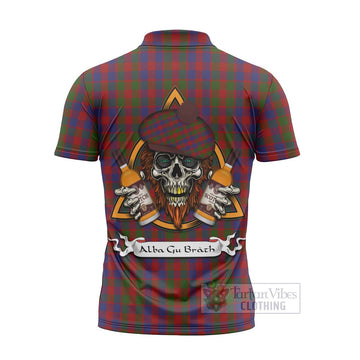 Gow Tartan Zipper Polo Shirt with Family Crest and Bearded Skull Holding Bottles of Whiskey