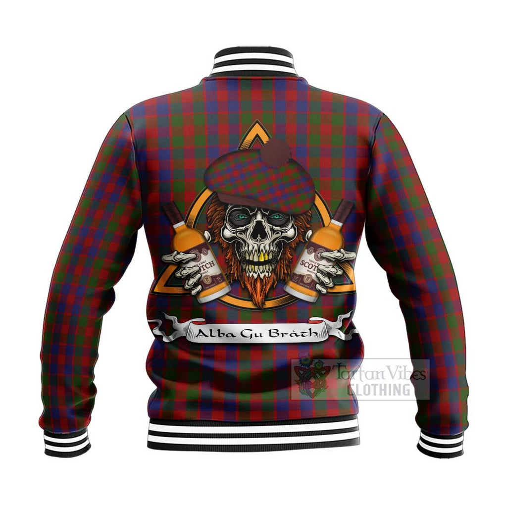 Tartan Vibes Clothing Gow Tartan Baseball Jacket with Family Crest and Bearded Skull Holding Bottles of Whiskey