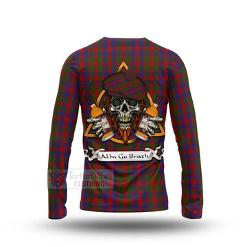 Gow Tartan Long Sleeve T-Shirt with Family Crest and Bearded Skull Holding Bottles of Whiskey