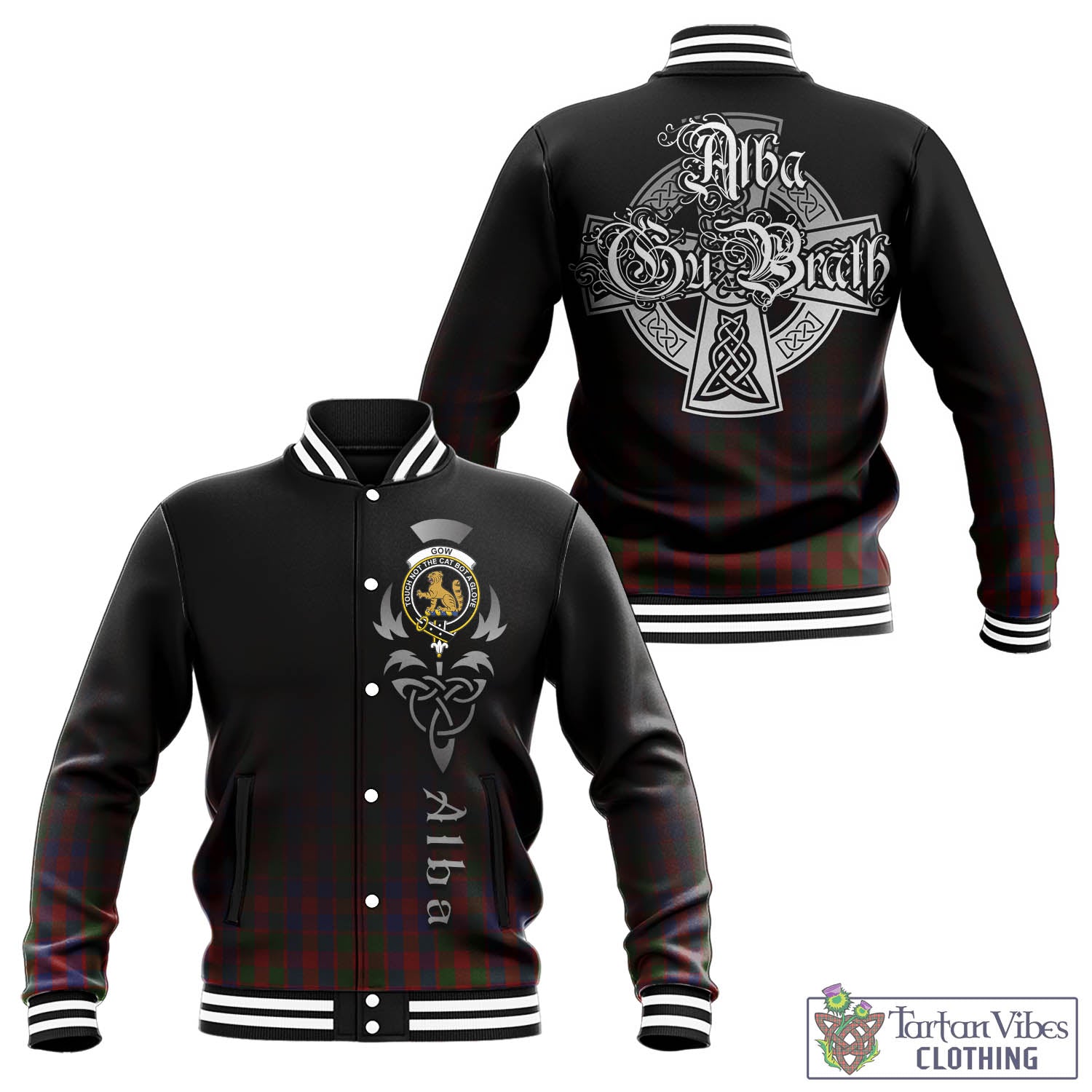 Tartan Vibes Clothing Gow Tartan Baseball Jacket Featuring Alba Gu Brath Family Crest Celtic Inspired