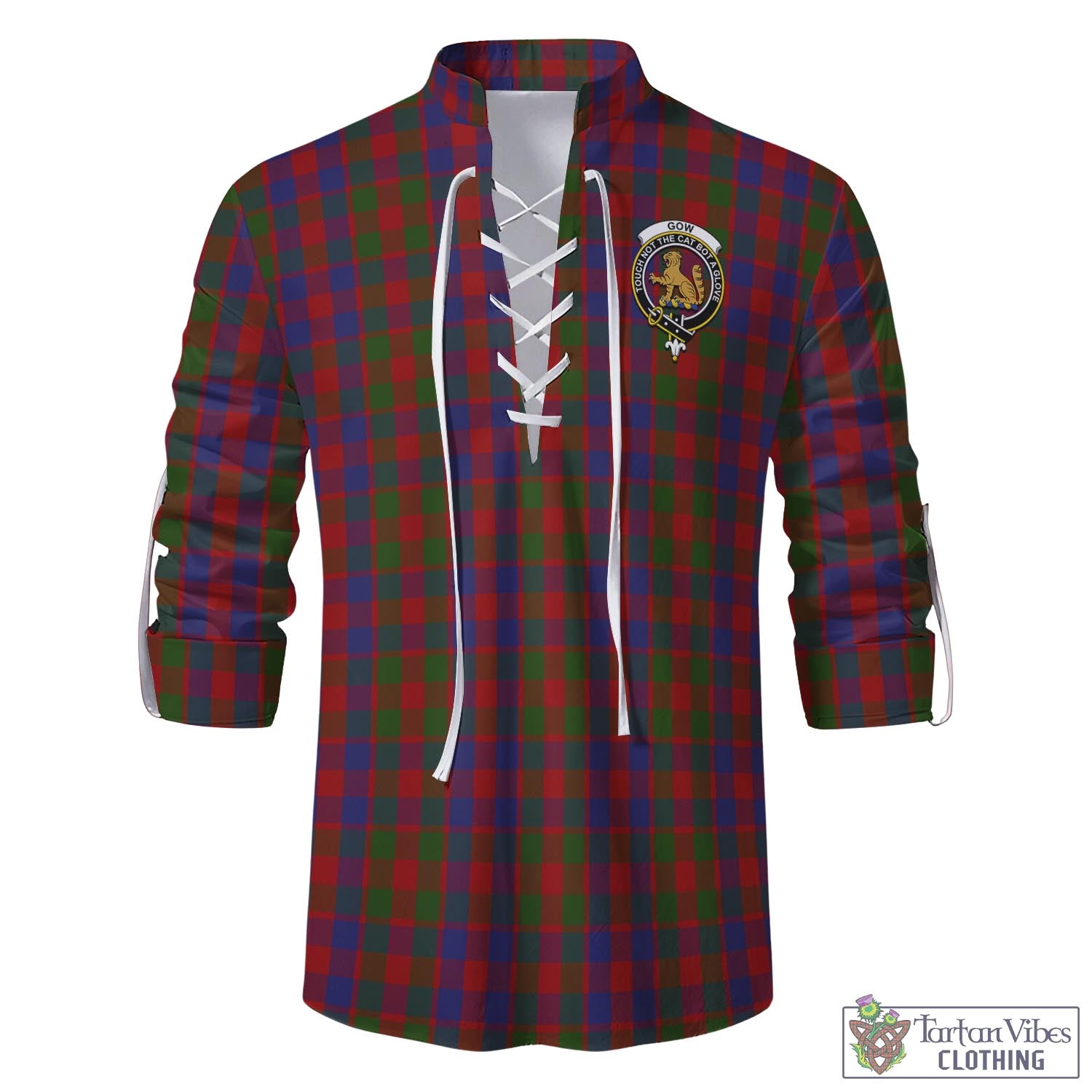 Tartan Vibes Clothing Gow Tartan Men's Scottish Traditional Jacobite Ghillie Kilt Shirt with Family Crest