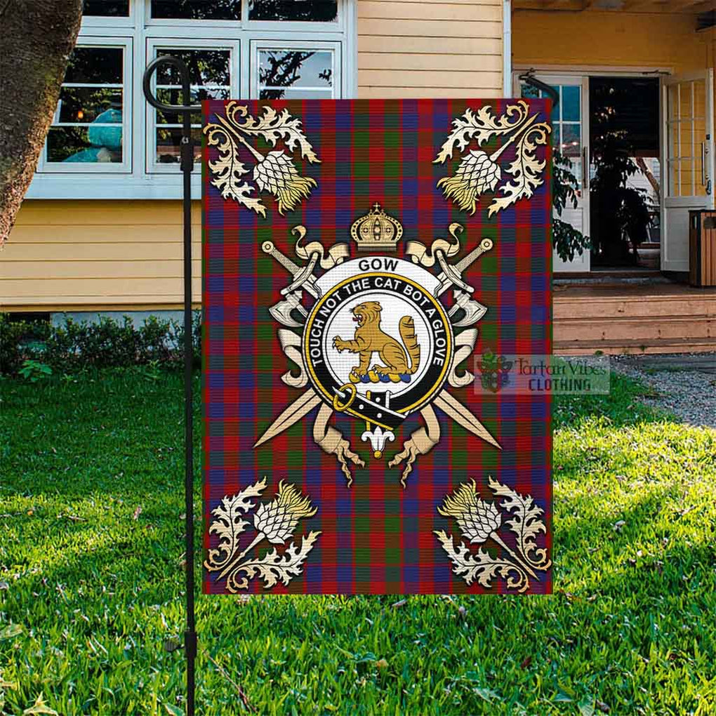 Tartan Vibes Clothing Gow Tartan Flag with Family Crest and Golden Thistle Crossed Sword Design