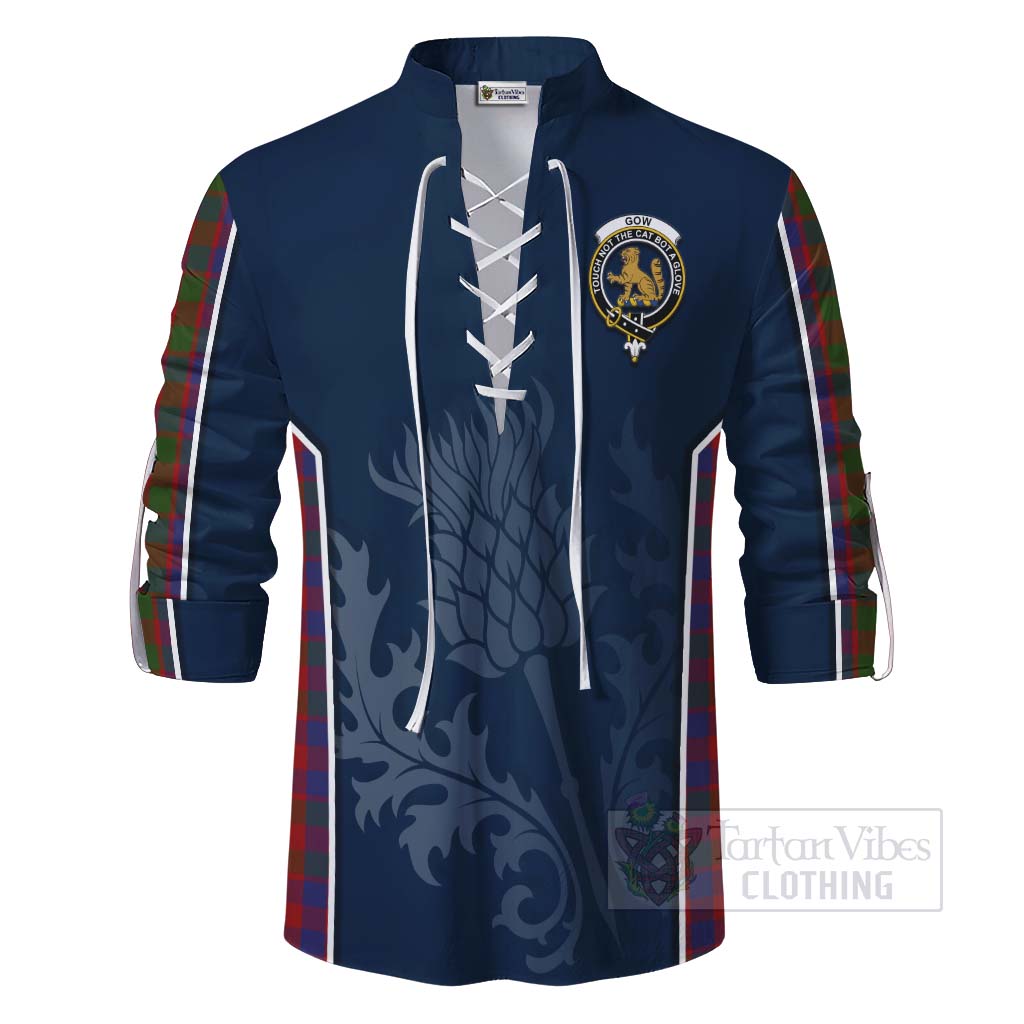 Tartan Vibes Clothing Gow Tartan Ghillie Kilt Shirt with Family Crest and Scottish Thistle Vibes Sport Style