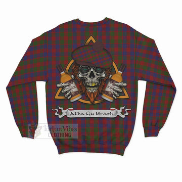 Gow Tartan Sweatshirt with Family Crest and Bearded Skull Holding Bottles of Whiskey