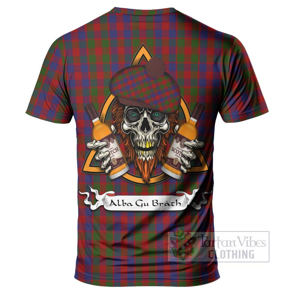 Tartan Vibes Clothing Gow Tartan T-Shirt with Family Crest and Bearded Skull Holding Bottles of Whiskey