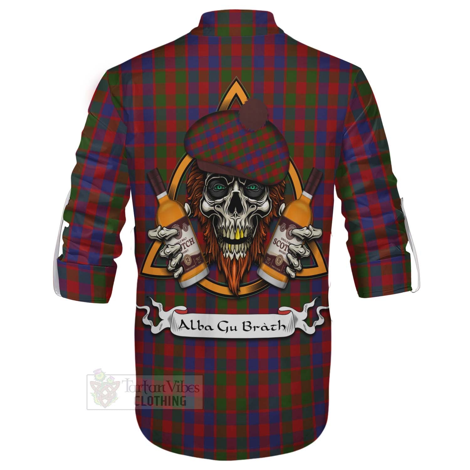 Tartan Vibes Clothing Gow Tartan Ghillie Kilt Shirt with Family Crest and Bearded Skull Holding Bottles of Whiskey