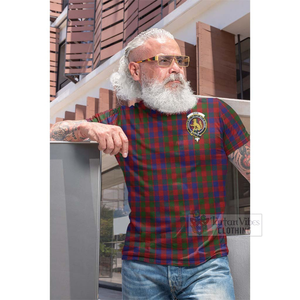 Tartan Vibes Clothing Gow Tartan Cotton T-shirt with Family Crest and Bearded Skull Holding Bottles of Whiskey