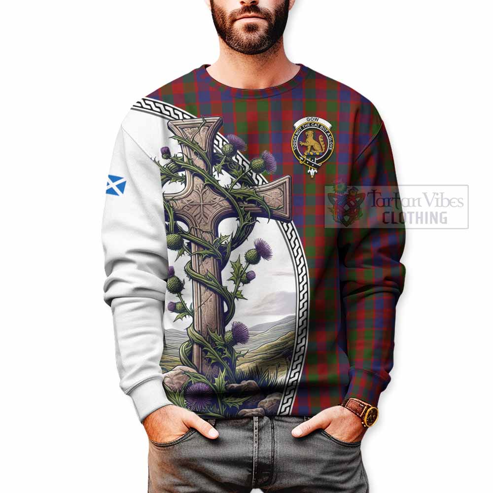 Tartan Vibes Clothing Gow Tartan Sweatshirt with Family Crest and St. Andrew's Cross Accented by Thistle Vines