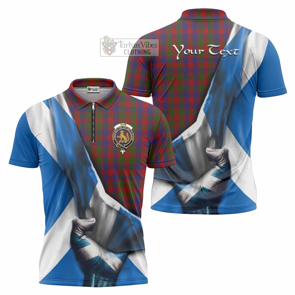 Tartan Vibes Clothing Gow Tartan Zipper Polo Shirt with Family Crest Scotland Patriotic Style