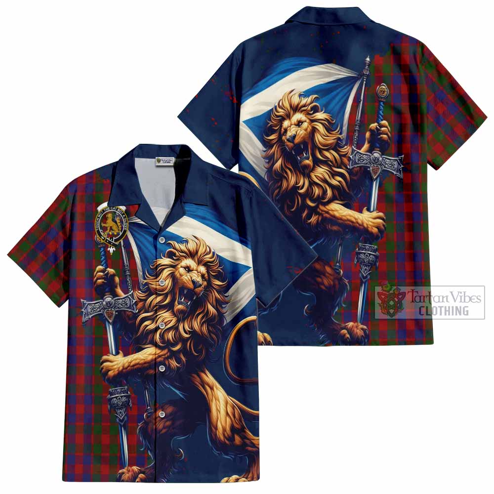 Tartan Vibes Clothing Gow Tartan Family Crest Short Sleeve Button Shirt with Scottish Majestic Lion