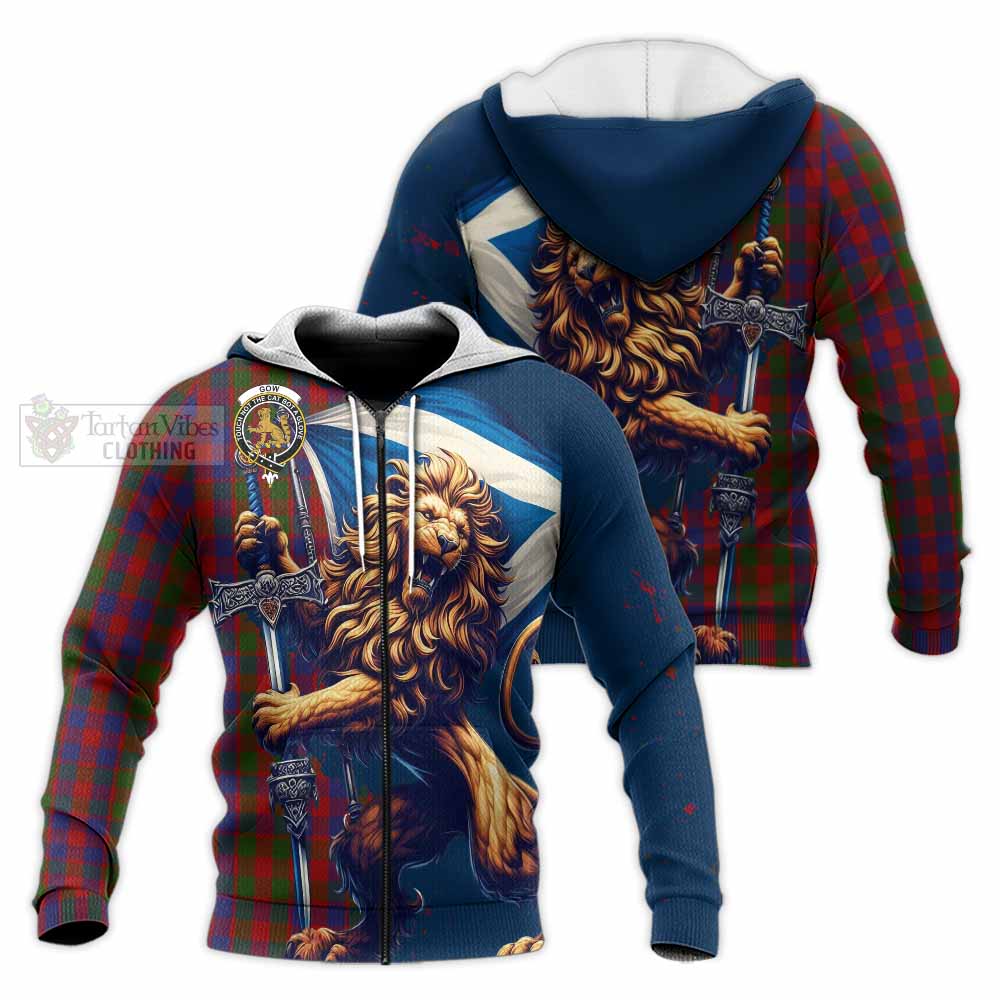 Tartan Vibes Clothing Gow Tartan Family Crest Knitted Hoodie with Scottish Majestic Lion