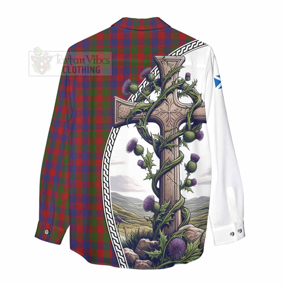 Tartan Vibes Clothing Gow Tartan Women's Casual Shirt with Family Crest and St. Andrew's Cross Accented by Thistle Vines