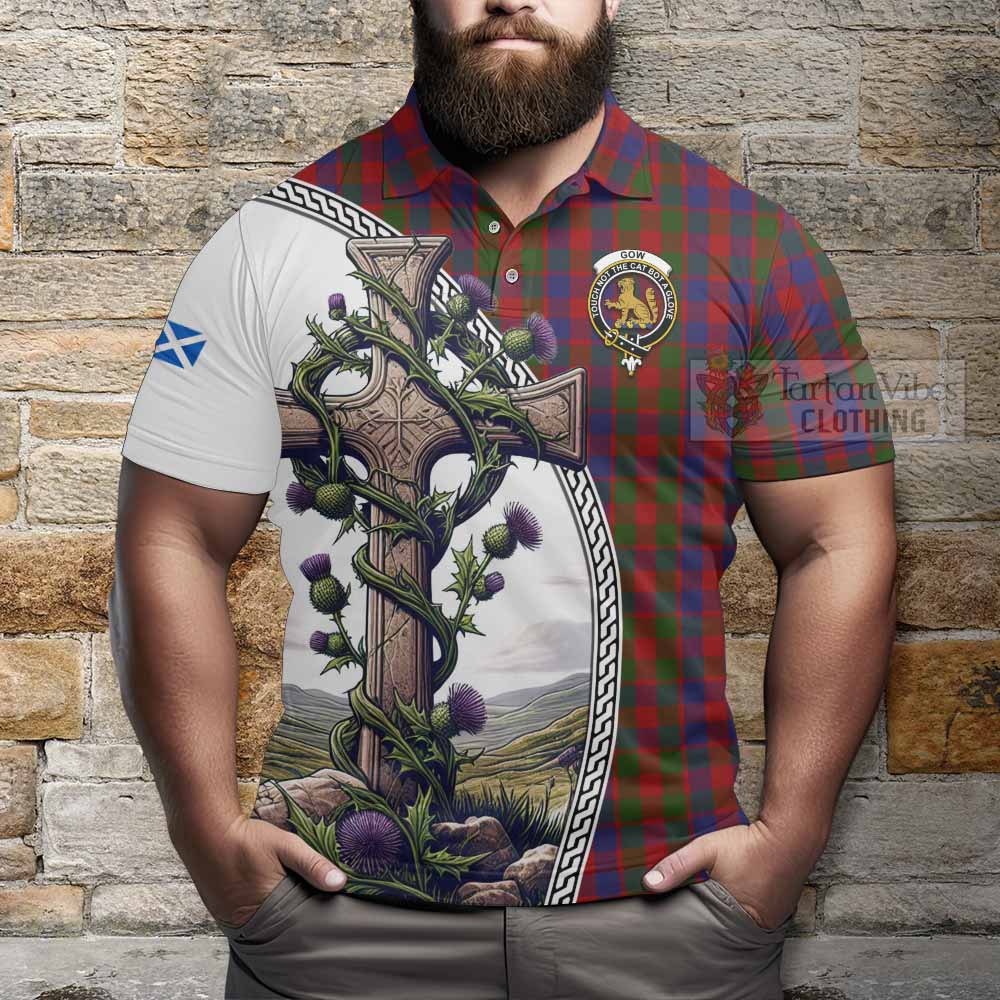 Tartan Vibes Clothing Gow Tartan Polo Shirt with Family Crest and St. Andrew's Cross Accented by Thistle Vines