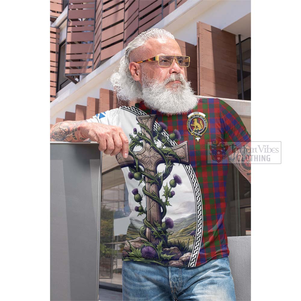 Tartan Vibes Clothing Gow Tartan Cotton T-shirt with Family Crest and St. Andrew's Cross Accented by Thistle Vines