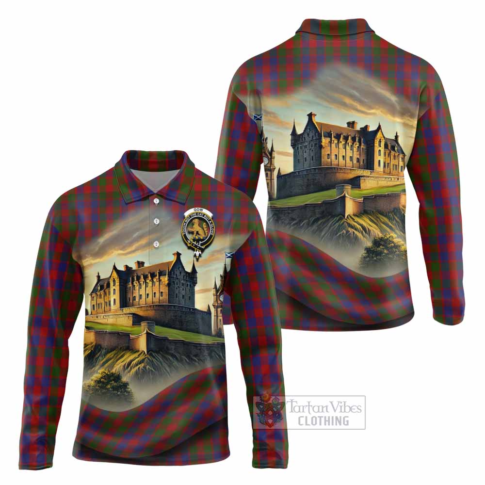 Gow Tartan Family Crest Long Sleeve Polo Shirt with Scottish Ancient Castle Style - Tartan Vibes Clothing