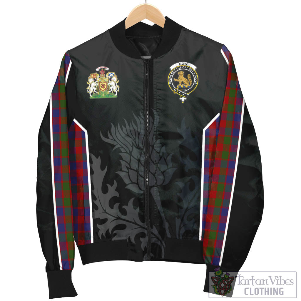 Tartan Vibes Clothing Gow Tartan Bomber Jacket with Family Crest and Scottish Thistle Vibes Sport Style