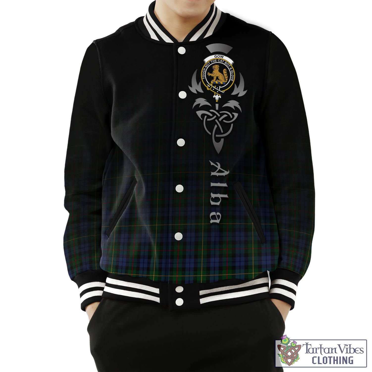 Tartan Vibes Clothing Gow Hunting Tartan Baseball Jacket Featuring Alba Gu Brath Family Crest Celtic Inspired