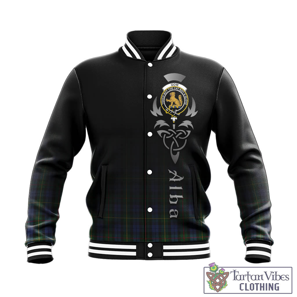 Tartan Vibes Clothing Gow Hunting Tartan Baseball Jacket Featuring Alba Gu Brath Family Crest Celtic Inspired