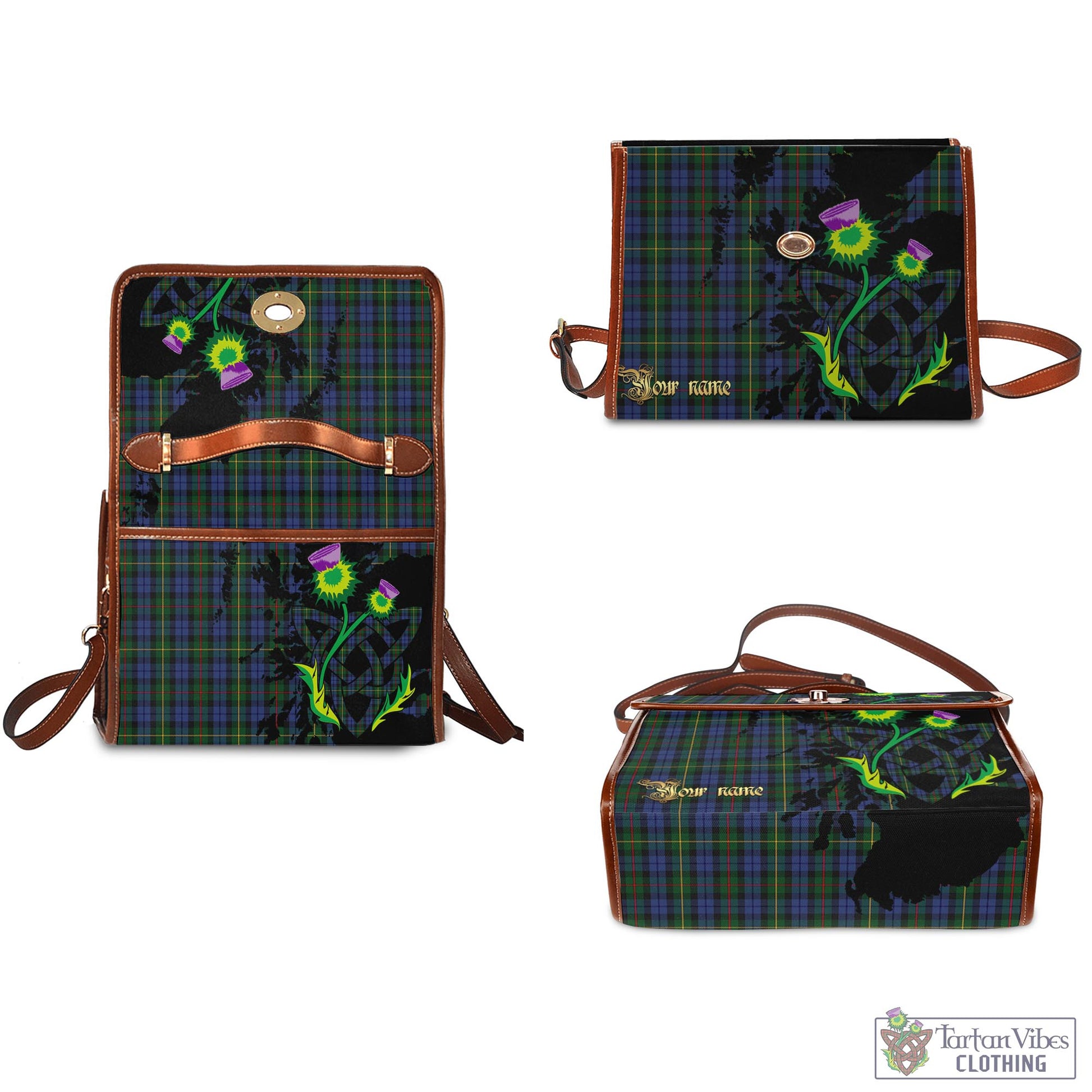 Tartan Vibes Clothing Gow Hunting Tartan Waterproof Canvas Bag with Scotland Map and Thistle Celtic Accents