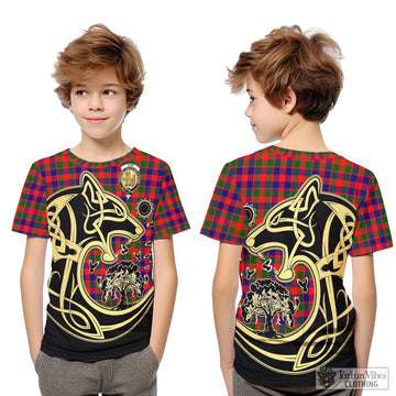 Gow Modern Tartan Kid T-Shirt with Family Crest Celtic Wolf Style