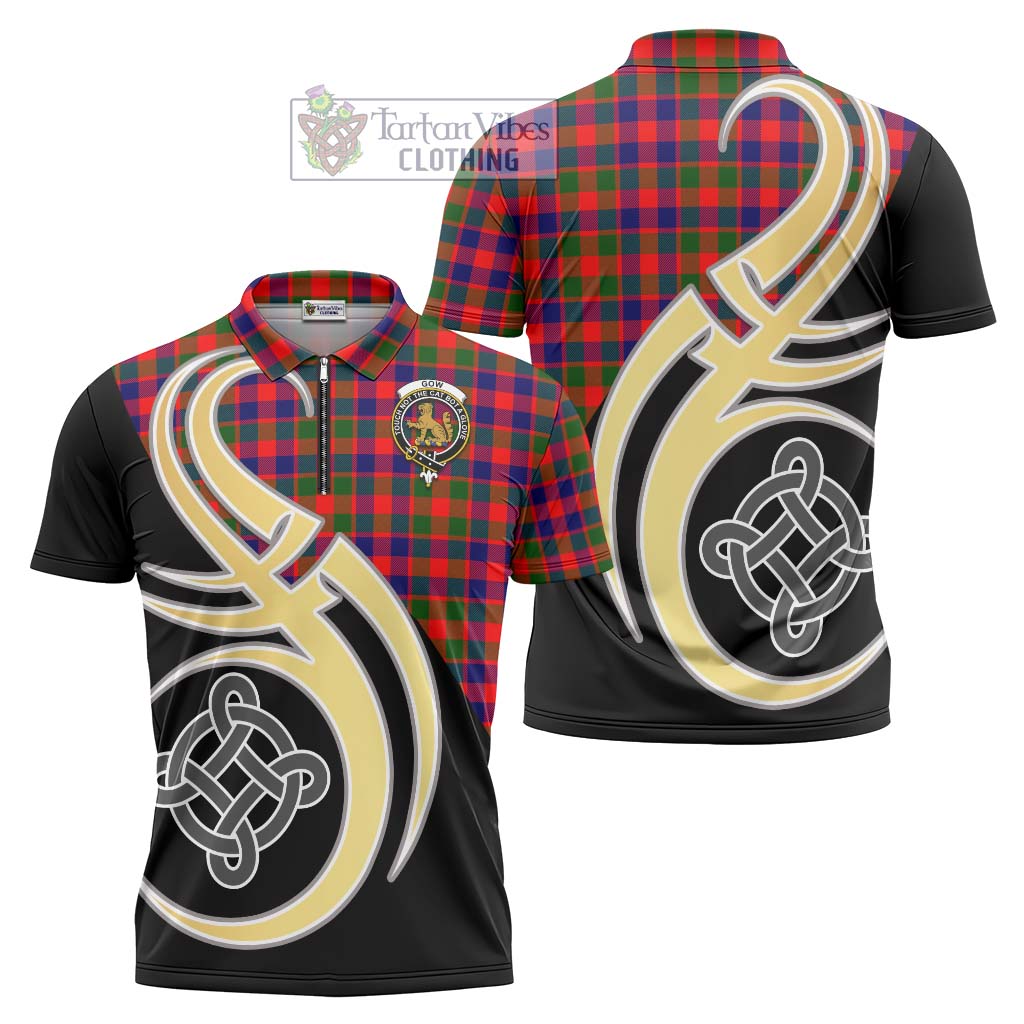 Tartan Vibes Clothing Gow Modern Tartan Zipper Polo Shirt with Family Crest and Celtic Symbol Style