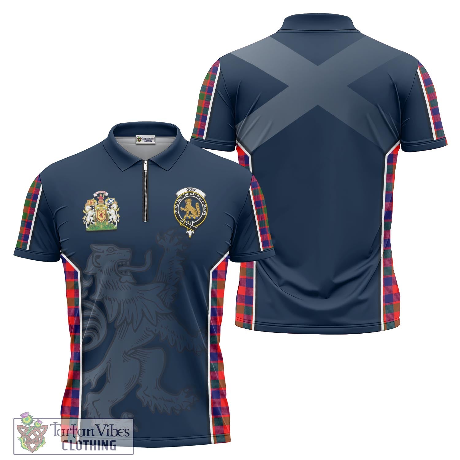 Tartan Vibes Clothing Gow Modern Tartan Zipper Polo Shirt with Family Crest and Lion Rampant Vibes Sport Style