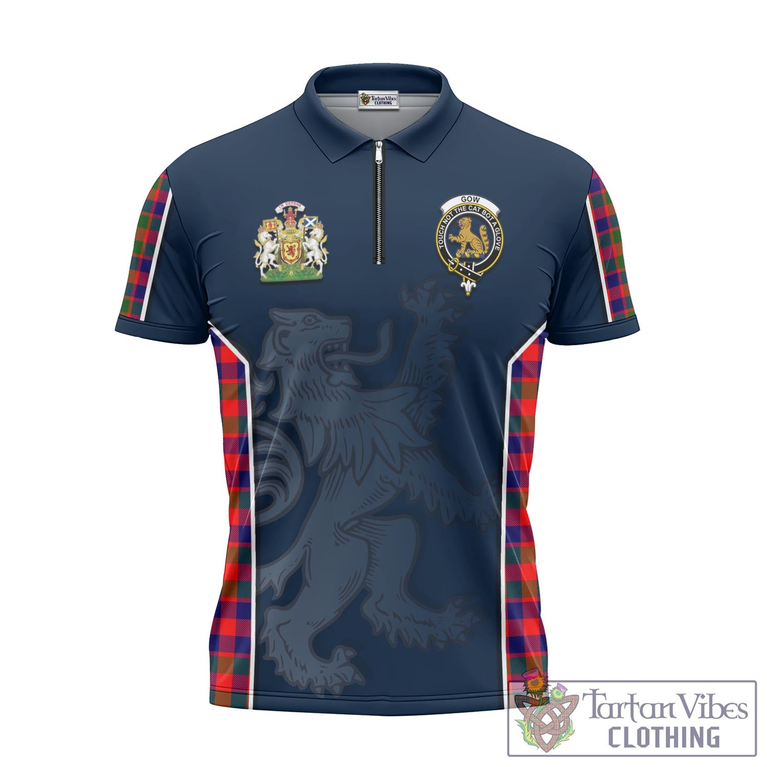 Tartan Vibes Clothing Gow Modern Tartan Zipper Polo Shirt with Family Crest and Lion Rampant Vibes Sport Style