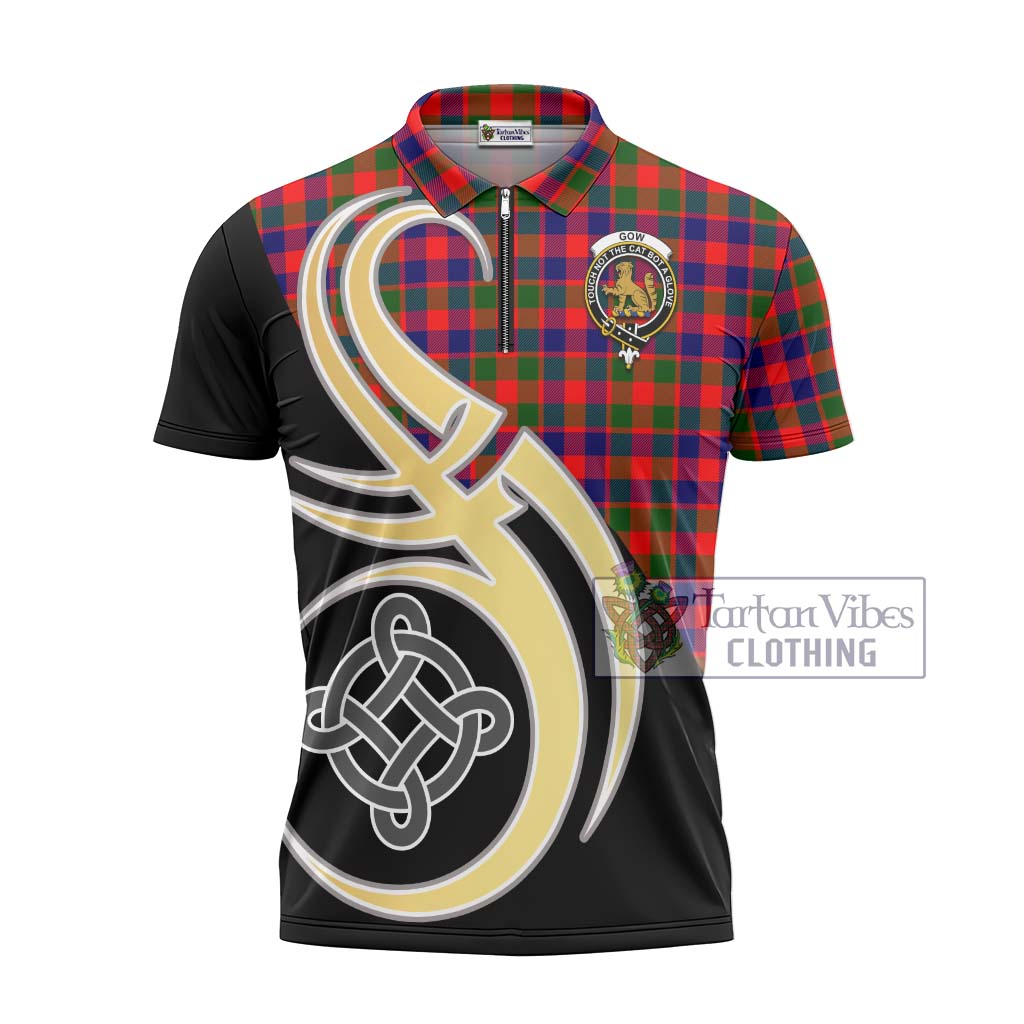 Tartan Vibes Clothing Gow Modern Tartan Zipper Polo Shirt with Family Crest and Celtic Symbol Style