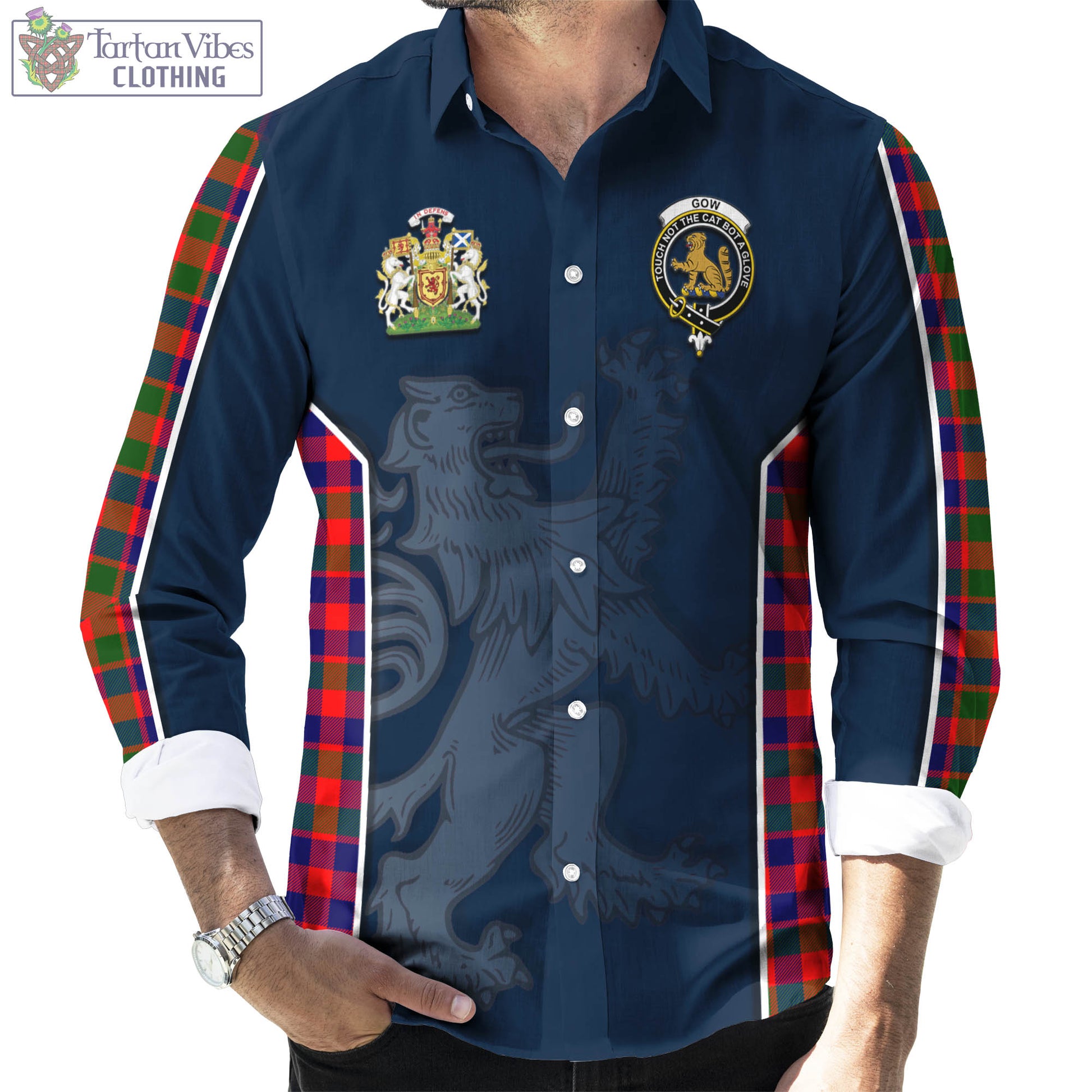 Tartan Vibes Clothing Gow Modern Tartan Long Sleeve Button Up Shirt with Family Crest and Lion Rampant Vibes Sport Style