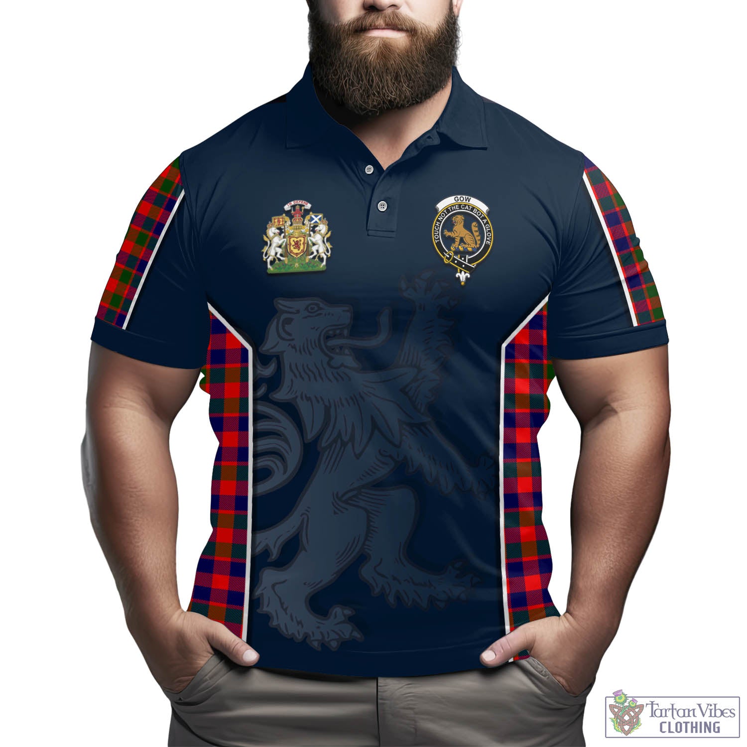 Tartan Vibes Clothing Gow Modern Tartan Men's Polo Shirt with Family Crest and Lion Rampant Vibes Sport Style