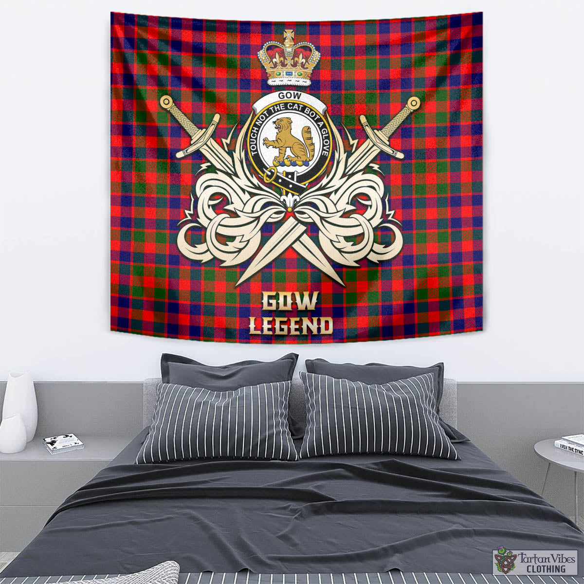 Tartan Vibes Clothing Gow Modern Tartan Tapestry with Clan Crest and the Golden Sword of Courageous Legacy