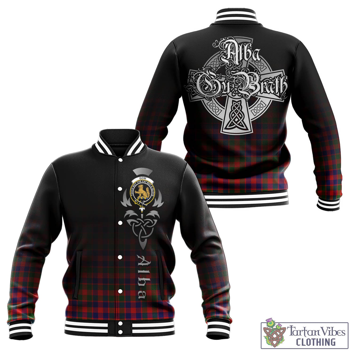 Tartan Vibes Clothing Gow Modern Tartan Baseball Jacket Featuring Alba Gu Brath Family Crest Celtic Inspired