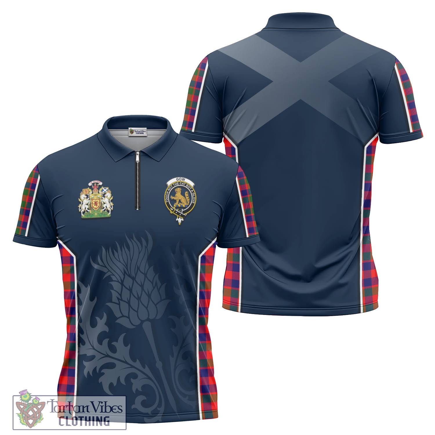 Tartan Vibes Clothing Gow Modern Tartan Zipper Polo Shirt with Family Crest and Scottish Thistle Vibes Sport Style