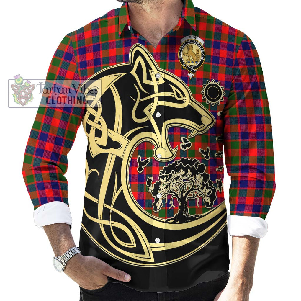 Gow Modern Tartan Long Sleeve Button Shirt with Family Crest Celtic Wolf Style - Tartan Vibes Clothing