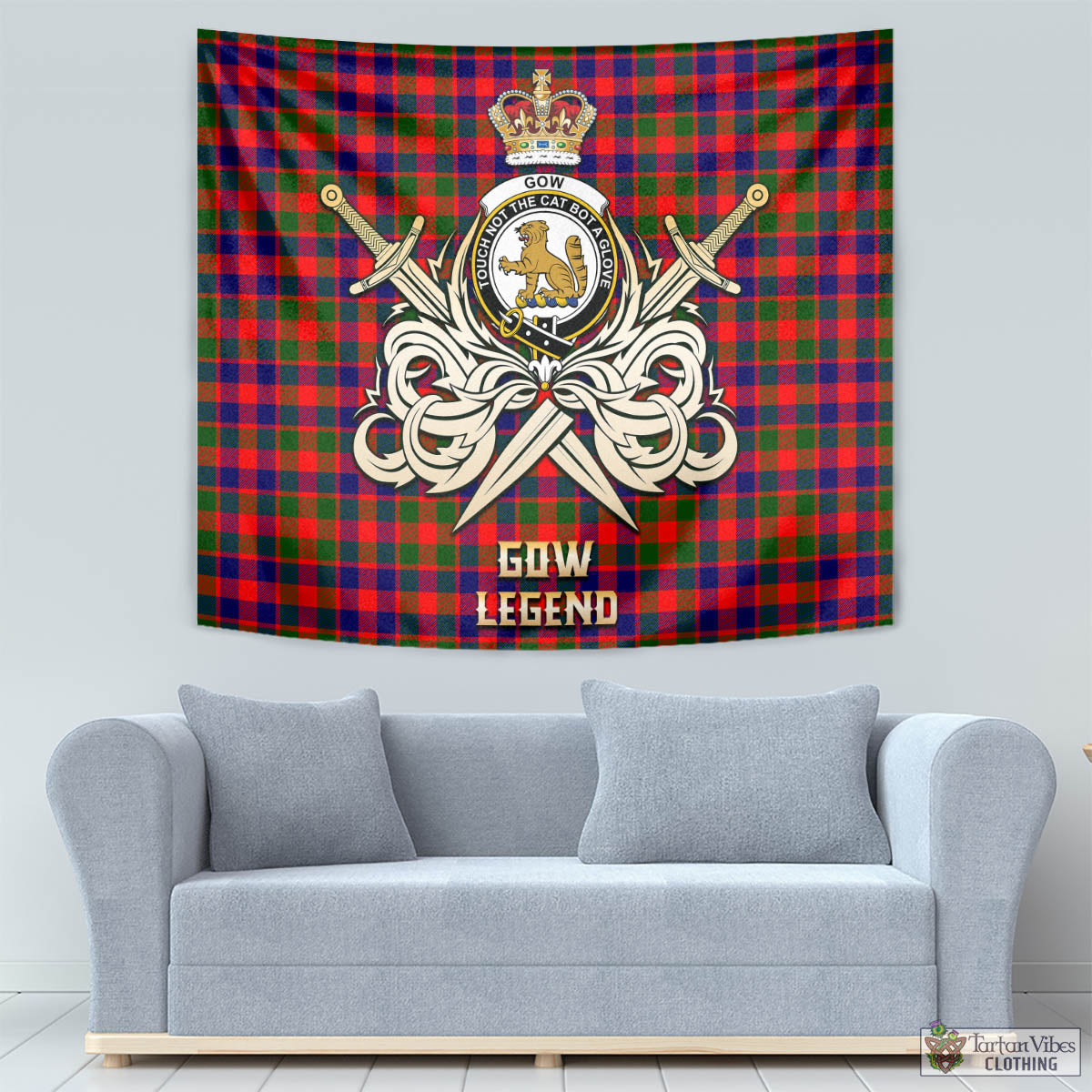 Tartan Vibes Clothing Gow Modern Tartan Tapestry with Clan Crest and the Golden Sword of Courageous Legacy