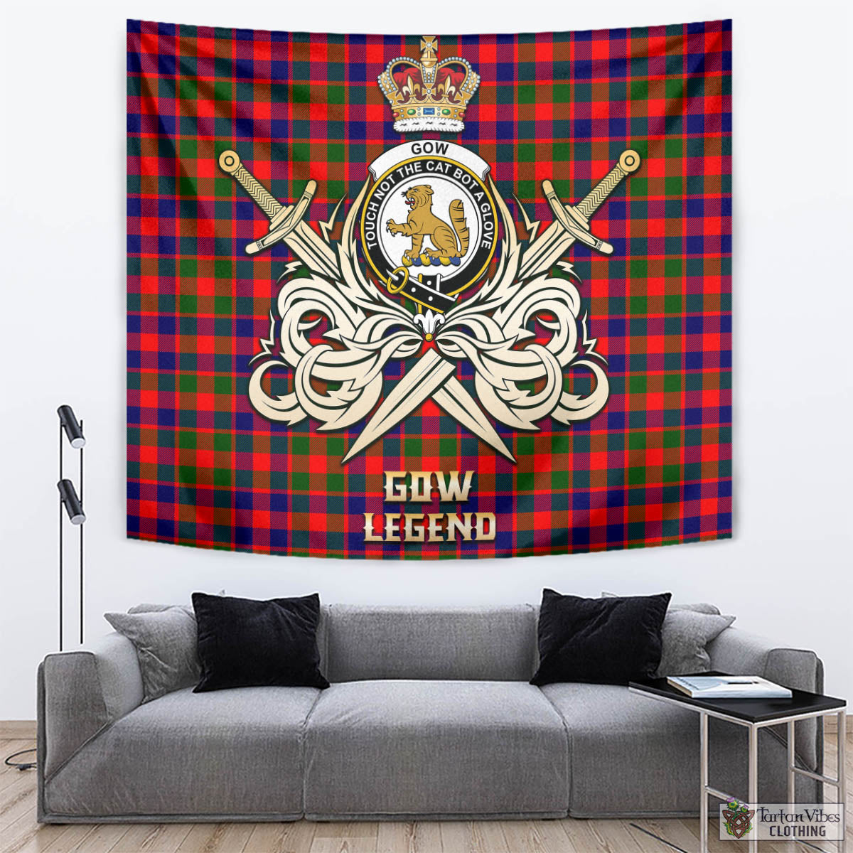 Tartan Vibes Clothing Gow Modern Tartan Tapestry with Clan Crest and the Golden Sword of Courageous Legacy