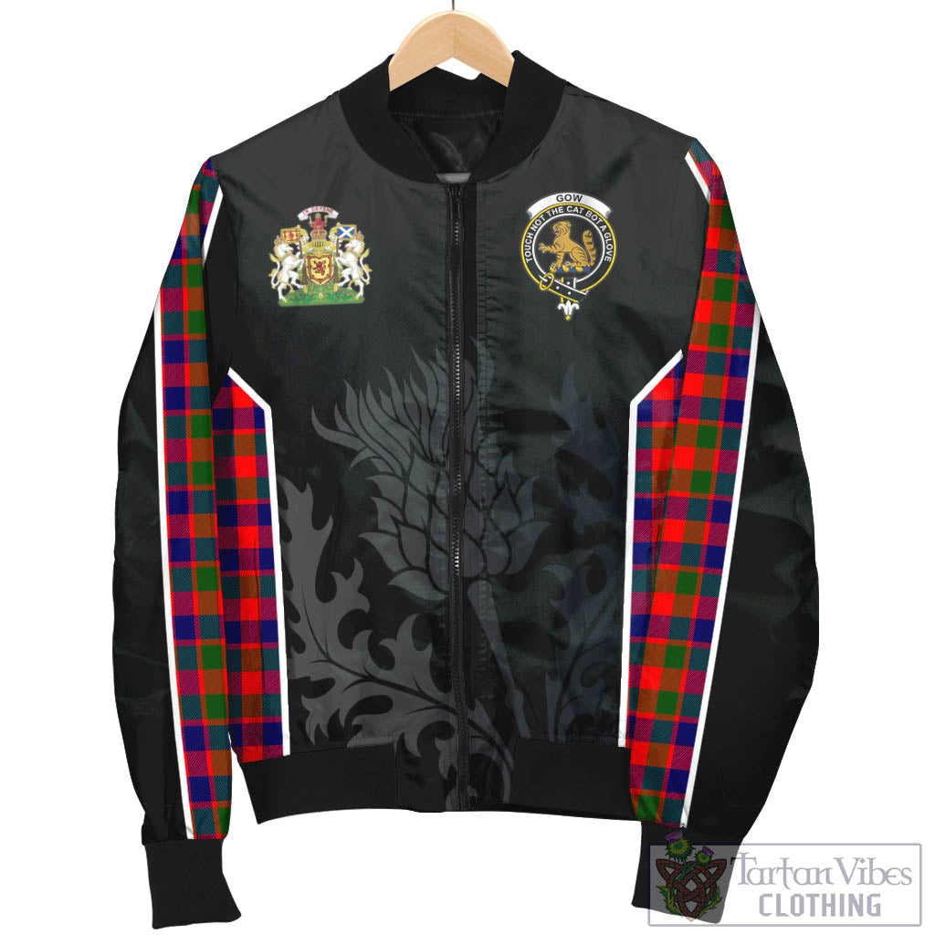 Tartan Vibes Clothing Gow Modern Tartan Bomber Jacket with Family Crest and Scottish Thistle Vibes Sport Style