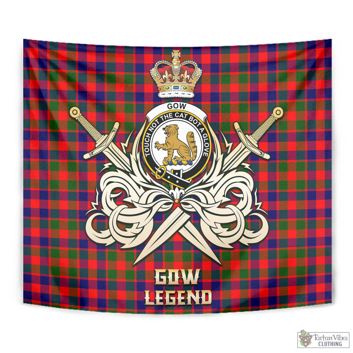 Tartan Vibes Clothing Gow Modern Tartan Tapestry with Clan Crest and the Golden Sword of Courageous Legacy