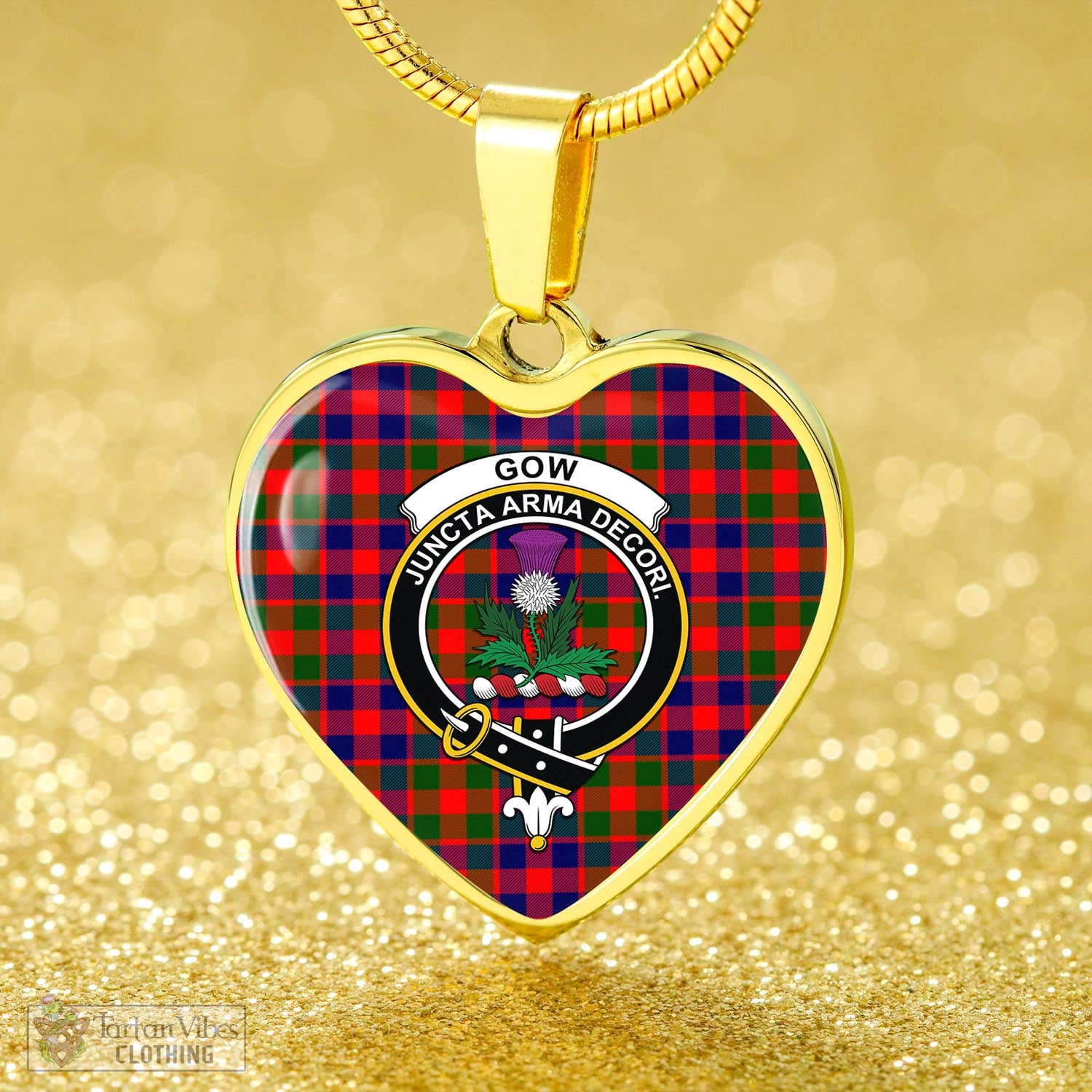 Tartan Vibes Clothing Gow of Skeoch Tartan Heart Necklace with Family Crest