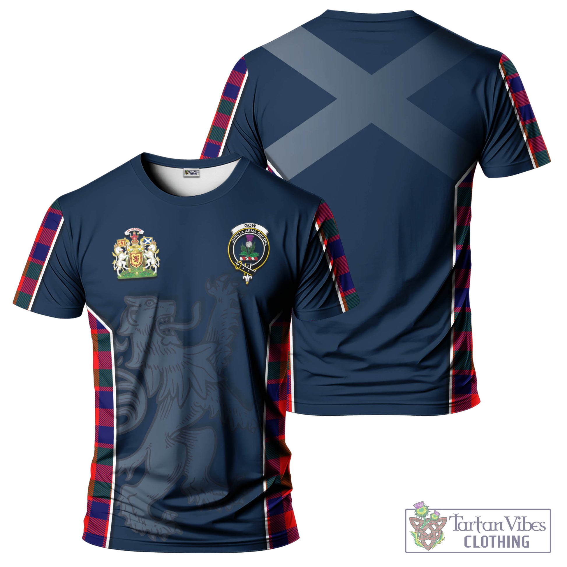 Tartan Vibes Clothing Gow of Skeoch Tartan T-Shirt with Family Crest and Lion Rampant Vibes Sport Style