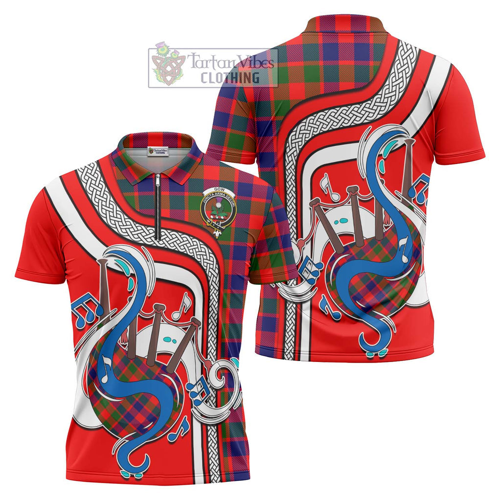 Gow of Skeoch Tartan Zipper Polo Shirt with Epic Bagpipe Style Unisex - Tartanvibesclothing Shop