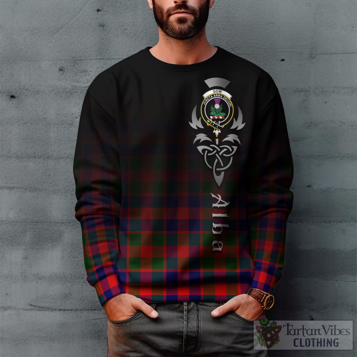 Tartan Vibes Clothing Gow of Skeoch Tartan Sweatshirt Featuring Alba Gu Brath Family Crest Celtic Inspired