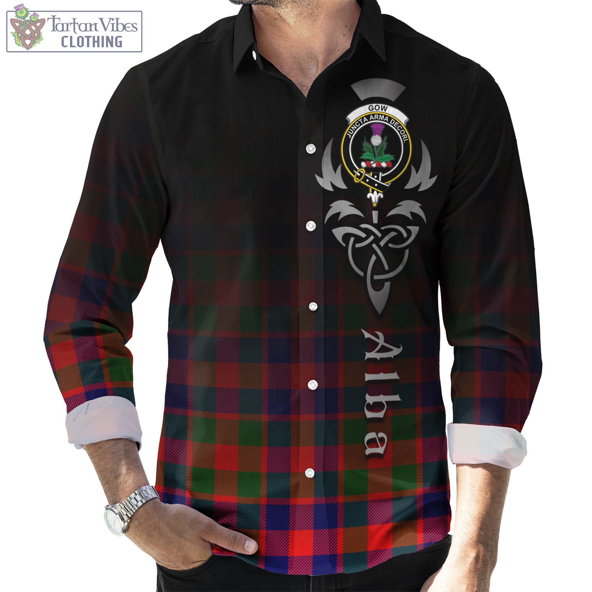 Tartan Vibes Clothing Gow of Skeoch Tartan Long Sleeve Button Up Featuring Alba Gu Brath Family Crest Celtic Inspired