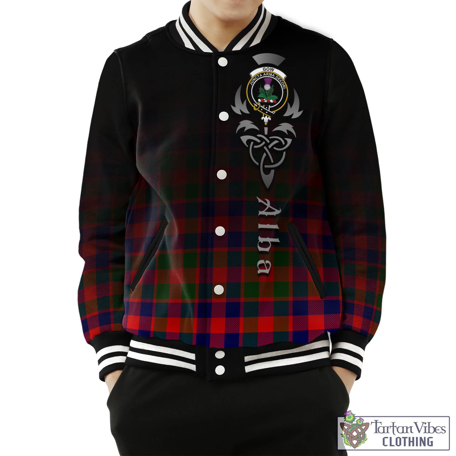 Tartan Vibes Clothing Gow of Skeoch Tartan Baseball Jacket Featuring Alba Gu Brath Family Crest Celtic Inspired