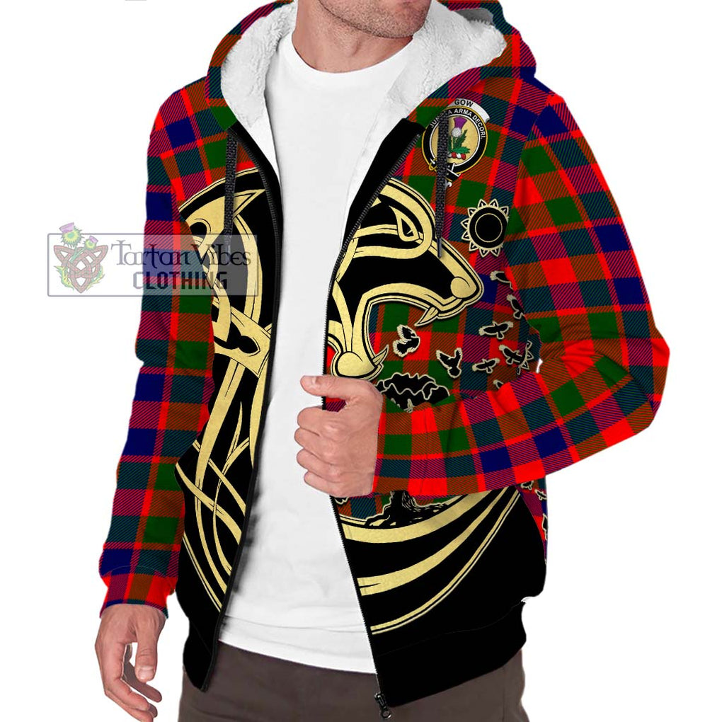 Gow of Skeoch Tartan Sherpa Hoodie with Family Crest Celtic Wolf Style Unisex S - Tartan Vibes Clothing