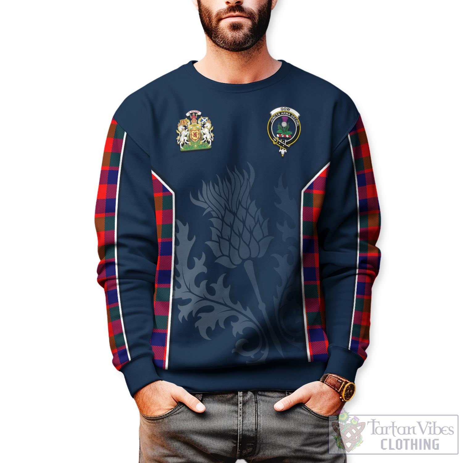 Tartan Vibes Clothing Gow of Skeoch Tartan Sweatshirt with Family Crest and Scottish Thistle Vibes Sport Style