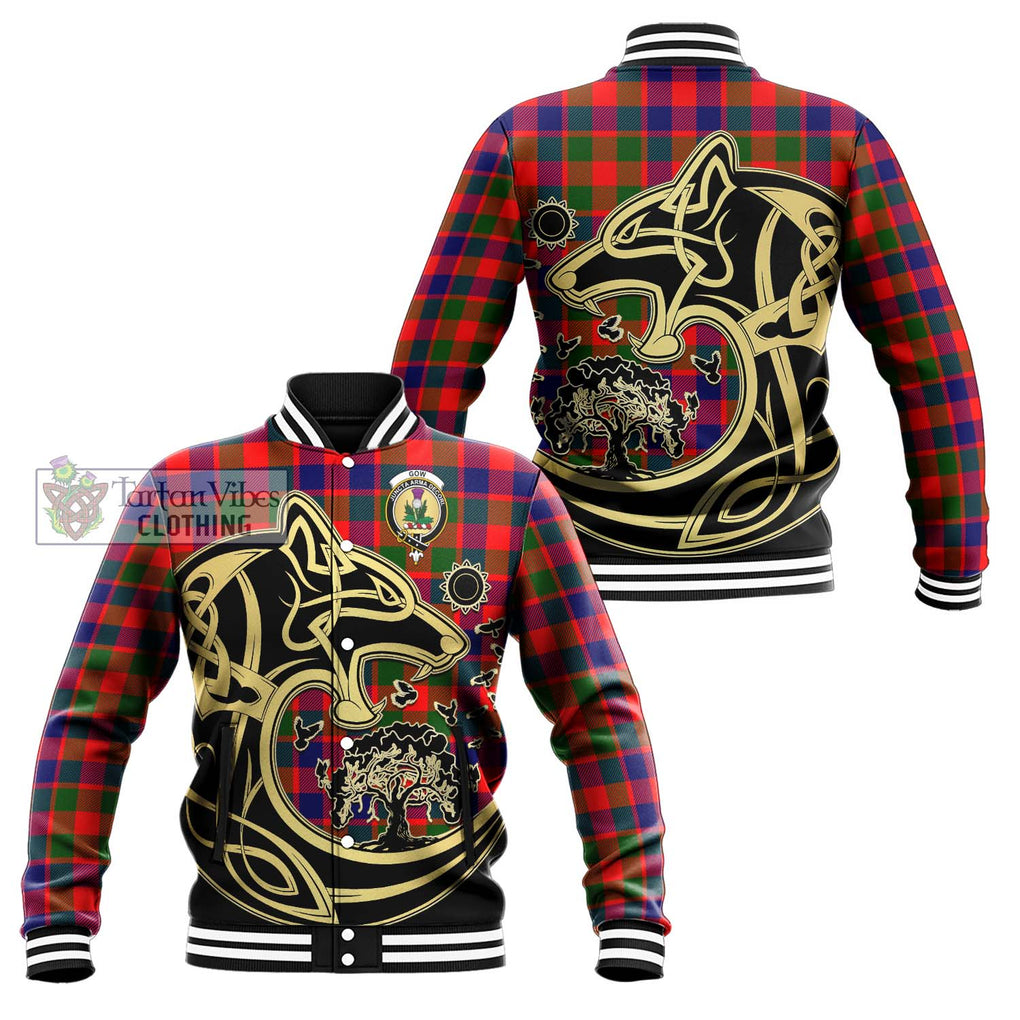 Gow of Skeoch Tartan Baseball Jacket with Family Crest Celtic Wolf Style Unisex - Tartan Vibes Clothing