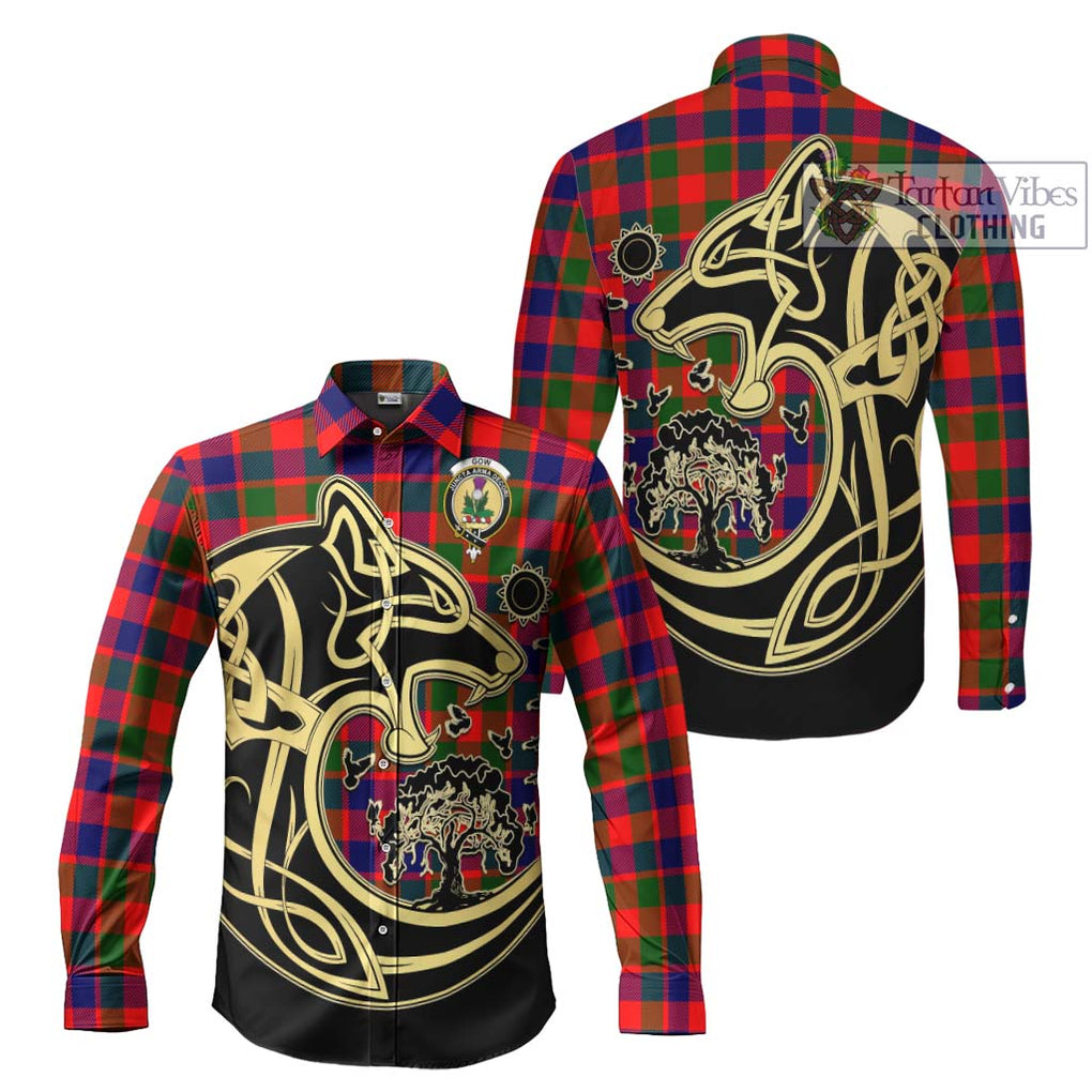 Gow of Skeoch Tartan Long Sleeve Button Shirt with Family Crest Celtic Wolf Style Men's Shirt S - Tartan Vibes Clothing