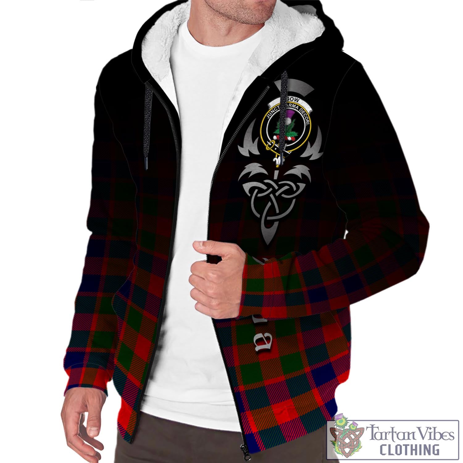 Tartan Vibes Clothing Gow of Skeoch Tartan Sherpa Hoodie Featuring Alba Gu Brath Family Crest Celtic Inspired